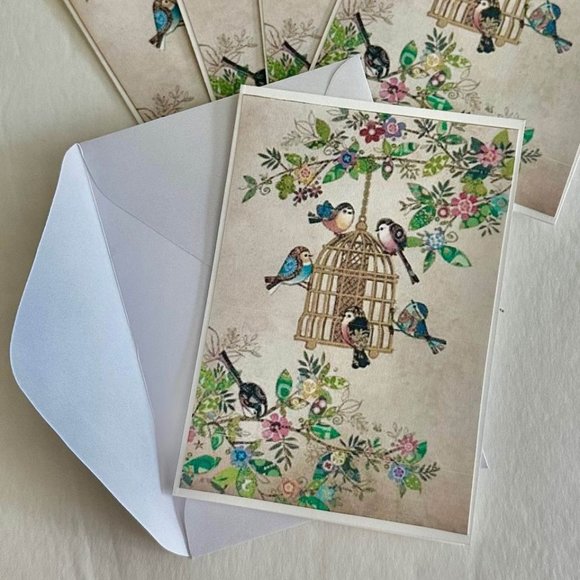 Set of 5-Birds w/Birdfeeder small handmade folded blank gift, greeting, journali - Picture 1 of 4